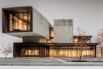 Modern concrete house with layered forms, warm interior light, and minimalist landscaping