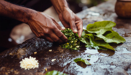 Preparing Plantain Leaf Poultice on Stone Surface, Natural Topical Remedy for Skin Irritation and Healing.............................................