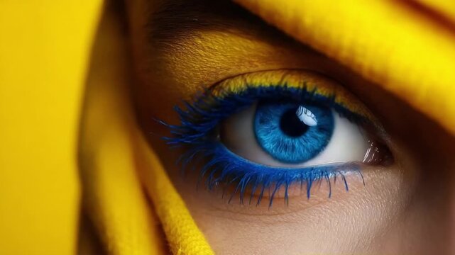 Close-up of a bright blue eye with blue lashes framed by yellow fabric.