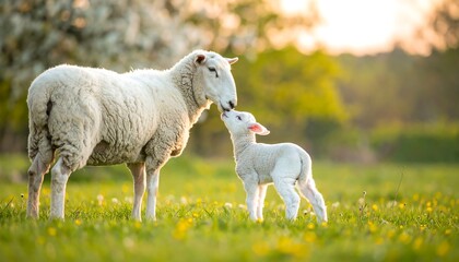 Ewe tenderly nuzzles her newborn lamb in a sun-drenched pasture
