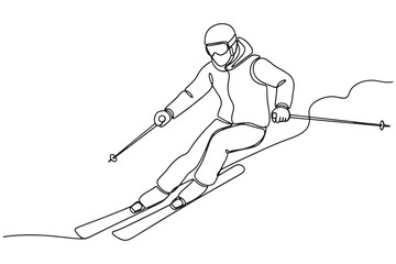 continuous line drawing of a skier skiing downhill with ski poles