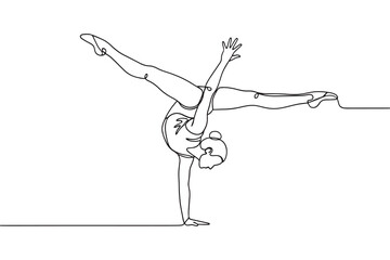 Continuous line drawing of gymnast performing a split handstand