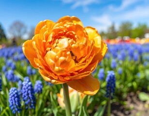 Close-up of a vibrant, orange-hued tulip, showcasing its ruffled petals against a backdrop of a colorful flower garden.