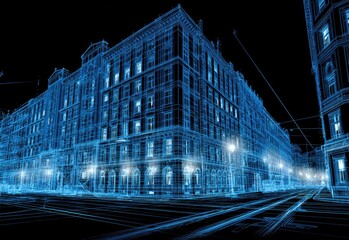 City buildings, wireframe, night, digital
