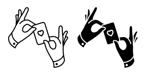 Obraz premium Line icon. Magician hands holding a playing card showing the audience a card trick. Simple black and white vector isolated on white background