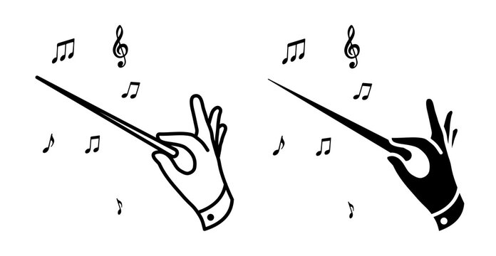Line icon. Hand of conductor composer holds baton directing musicians of orchestra. Simple black and white vector isolated on white background