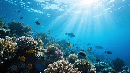 Underwater Coral Reef Scene with Sunlight Penetrating the Clear Blue Water Depicting Diverse Marine Life