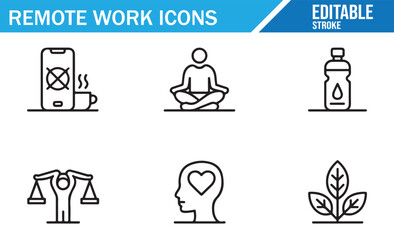 Line Icons Set for Remote Work Activities and Work-Life Balance.