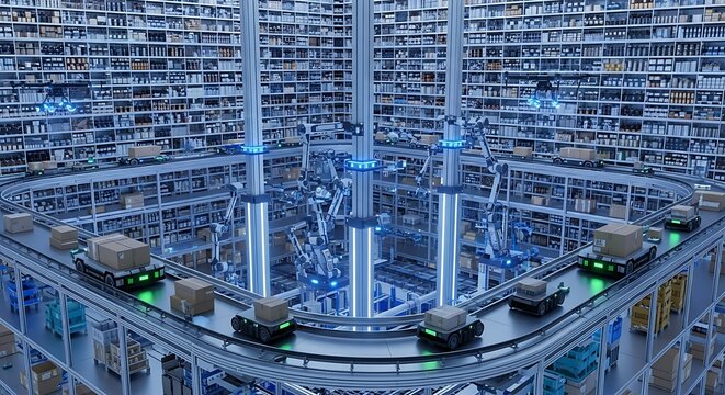 Automated warehouse with robots and conveyor belts