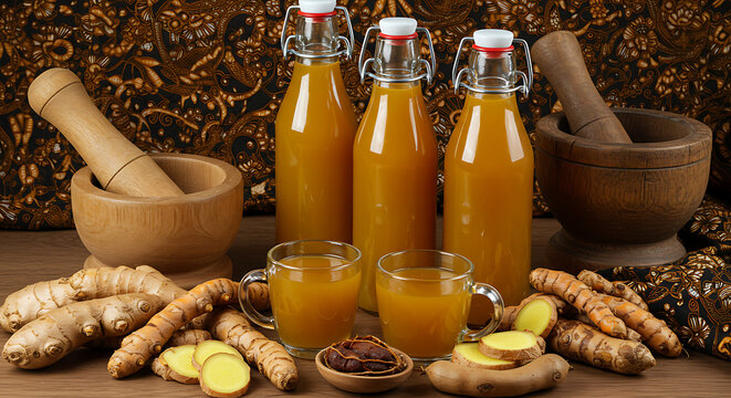 Glass bottles and cups of Indonesian jamu herbal drink made with turmeric, ginger, tamarind, and lime. Surrounded by raw roots, wooden mortar and pestle, and batik cloth for cultural authenticity.