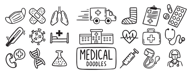 Naklejka premium medical health care doodle hand drawn icon set. Outline drawing medical health care items line clipart symbol collection. Outline drawing line clipart symbol collection