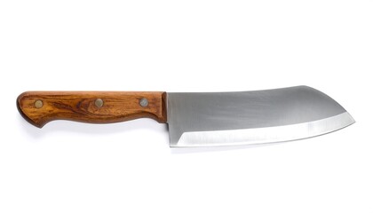 A kitchen knife with a wooden handle and a sharp metal blade sits against a plain white background.