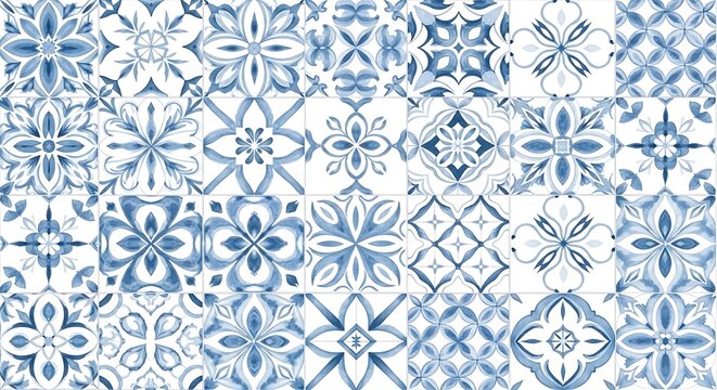 Blue and white geometric tile pattern with floral motifs