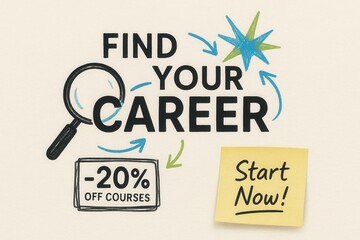 Find Your Career -20% off courses promotion banner, vibrant doodle style, engaging retail discount offer.