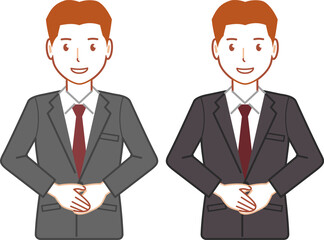 グレースーツ、ベリーショートの手を前で重ねる若い男性