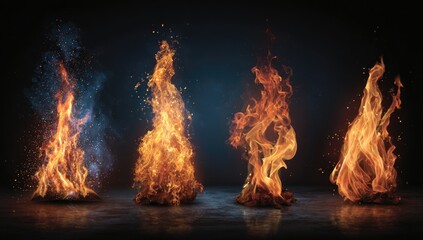 Four fiery pillars of varying hues against a dark backdrop