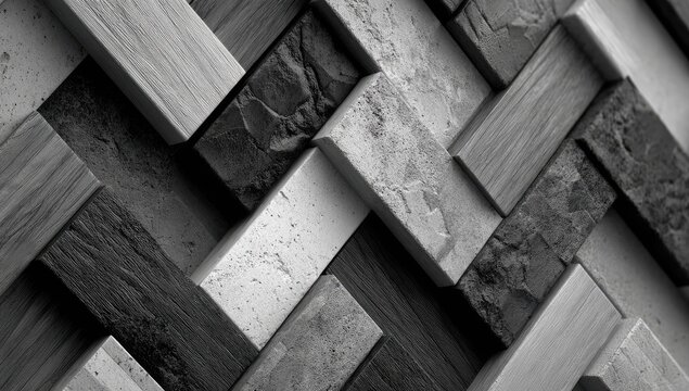 Abstract pattern of interlocking rectangular tiles in black and white