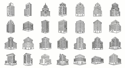 Vector icon set of office buildings, modern skyscrapers, small corporate towers, business centers, coworking spaces, and minimalist office blocks