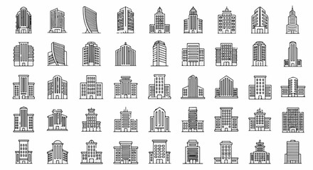 Vector icon set of office buildings, modern skyscrapers, small corporate towers, business centers, coworking spaces, and minimalist office blocks