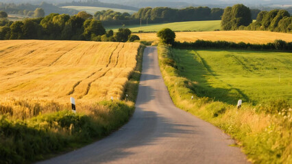 Naklejka premium Serene Country Road Through Golden Fields and Green Meadows