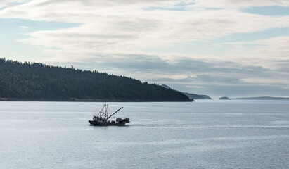 Fishing boat at sunrise in the coastal sea. Trawler. Fishing and Sightseeing Boat Trips.