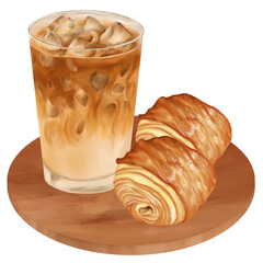 Watercolor Iced Latte and Pastry Illustration