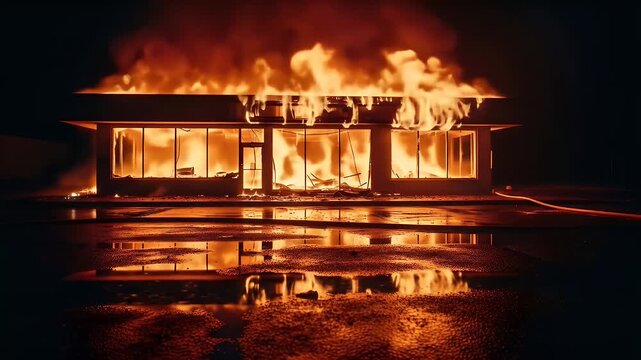 A modern commercial building engulfed in flames at night, reflecting intensely in the wet ground below