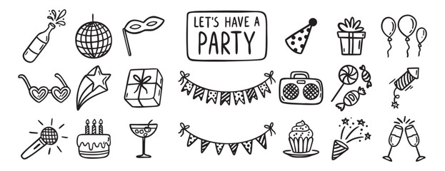 Obraz na płótnie Canvas Party event or Birthday doodle icon element doodle hand drawn icon set. Outline drawing party, carnival celebration concept line clipart symbol collection. sketch birthday cake, balloon, decoration