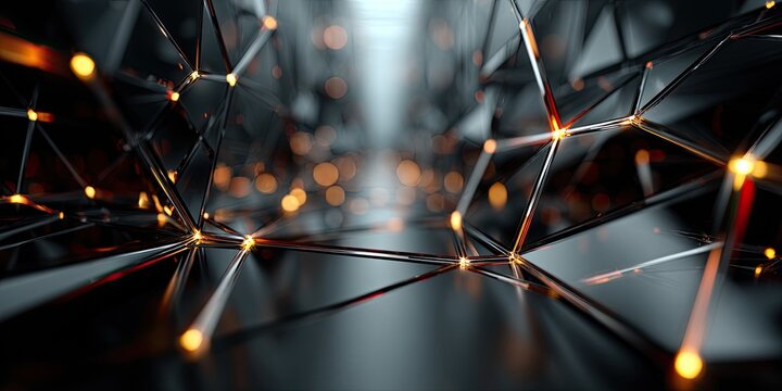 Abstract network of dark metallic polygons connected by glowing lines