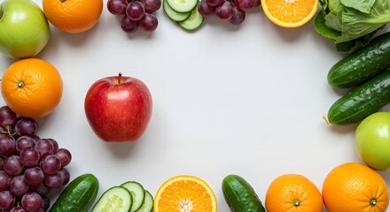 A vibrant assortment of fresh fruits and vegetables arranged in a border on a white background, featuring apples, oranges, grapes, cucumbers, and lettuce.