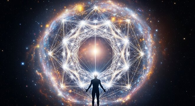 Human silhouette connected to cosmic energy grid - Powered by Adobe
