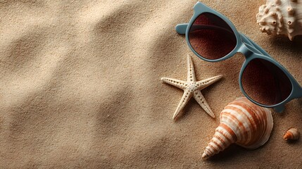 Sunglasses and seashells on sandy beach surface.
