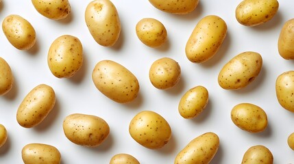 Obraz premium Fresh golden potatoes scattered on white background.