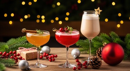 Three festive christmas cocktails with garnishes and holiday decorations on a wooden table