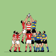 Obraz premium A stylized illustration of a rugby scrum, players competing for the ball.