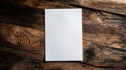 Blank paper sheet on rustic wooden background.