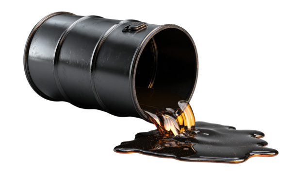 Leaking oil barrel, dark viscous liquid spills out