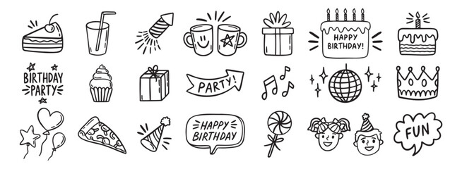 Set of Happy Birthday for kids doodles. Sketch of party decoration, gift box, cake, party hats. Birthday doodle hand drawn icon set.
