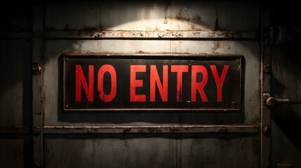 Red no entry sign on metal industrial door.