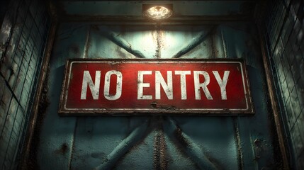 No entry sign on teal industrial metal door.