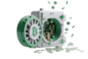 Digital currency vault open, money spilling out