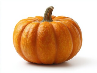 Fototapeta premium Single ripe pumpkin isolated on white background, front view. For autumn harvest, Halloween design, healthy food concept, and as a design element.