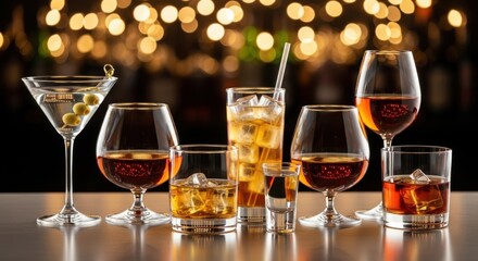 A collection of assorted alcoholic drinks in various glasses on a bar counter