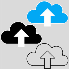 Set of Minimalist cloud upload icon with arrow pointing up, simple line vector symbol for storage, backup, file transfer, online data, mobile app, web design
