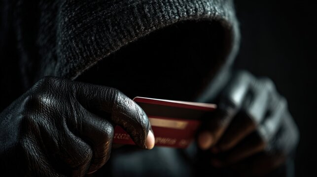 Cyber Crime: A hooded figure clutches a credit card, a chilling emblem of digital theft and the perils of cybersecurity. This stark image captures the darkness of online crime. Generative Ai