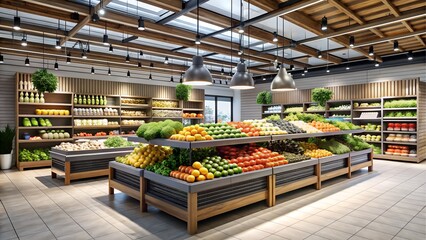 Abundant fresh fruits and vegetables displayed in a grocery store