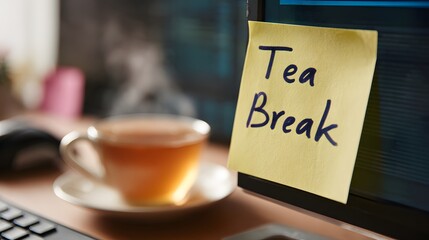 Tea break sticky note on computer monitor with cup on desk.