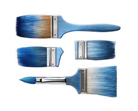 Four paintbrushes in varying shapes and sizes, featuring a gradient of blue and beige bristles, resting on a dark background