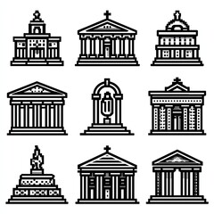 Nine black line art architectural building icons