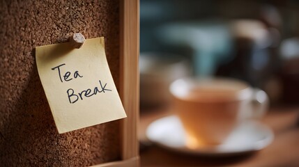 Tea break note pinned on corkboard with cup in background.